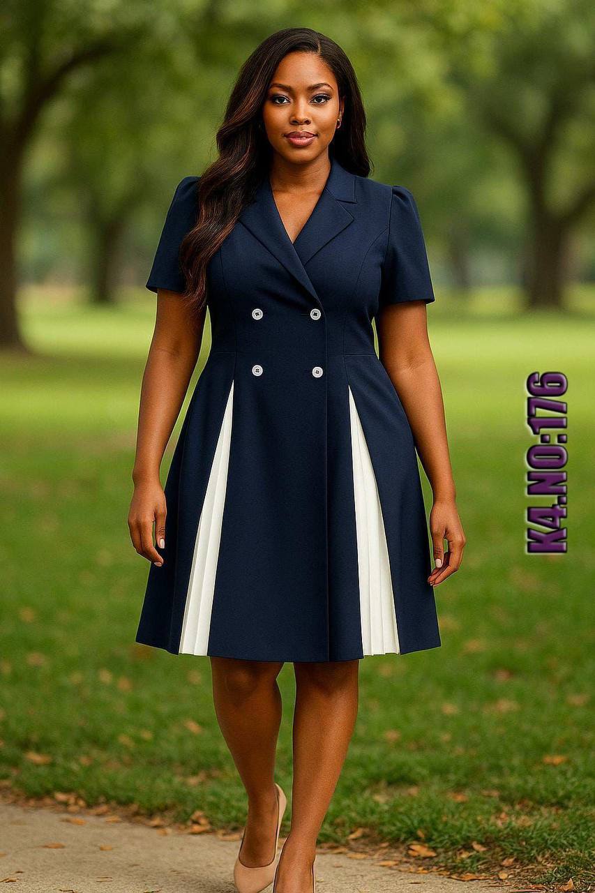 Navy Pleated Double-Breasted Dress