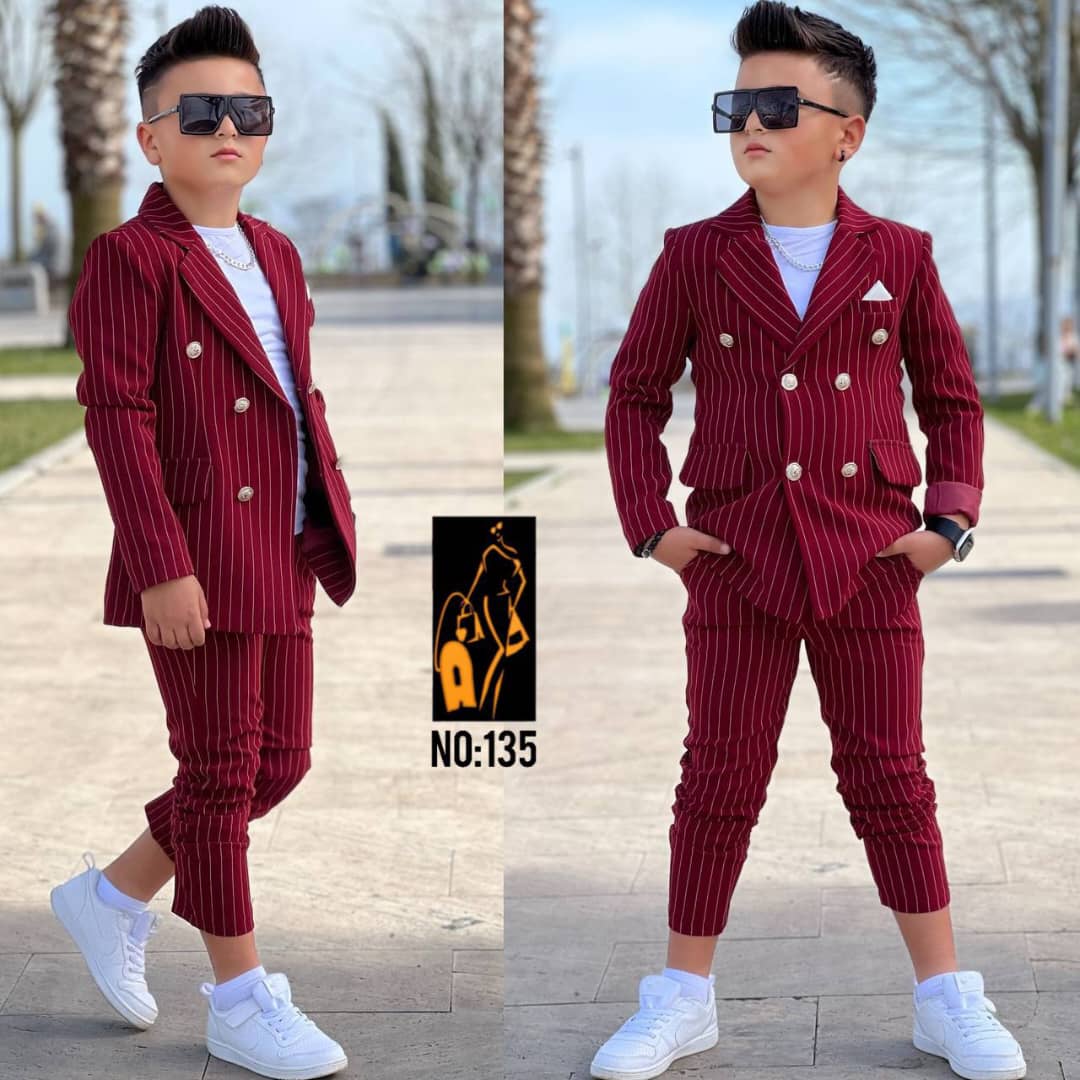 Boys Burgundy Pinstripe Suit